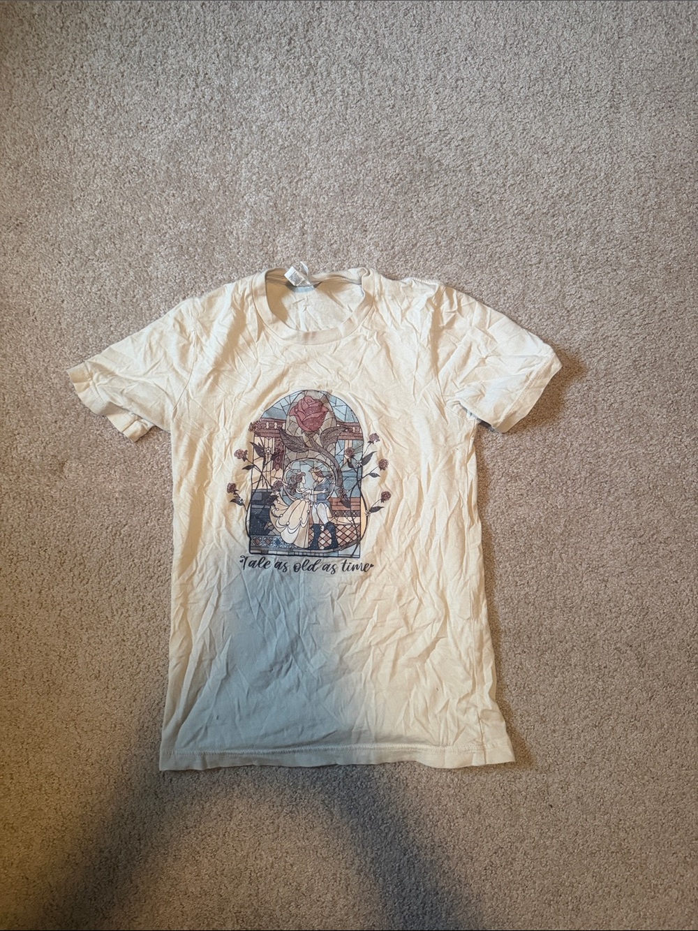 Cream Graphic Tee with Stained-Glass Rose Print